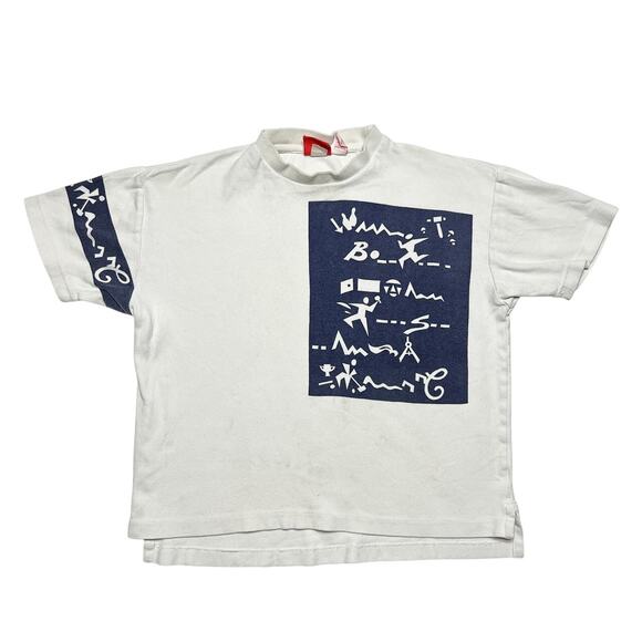Merona Y2K Sports Graphic T-Shirt Bowling Tennis Croquet Golf White Navy Boxy - Picture 1 of 13